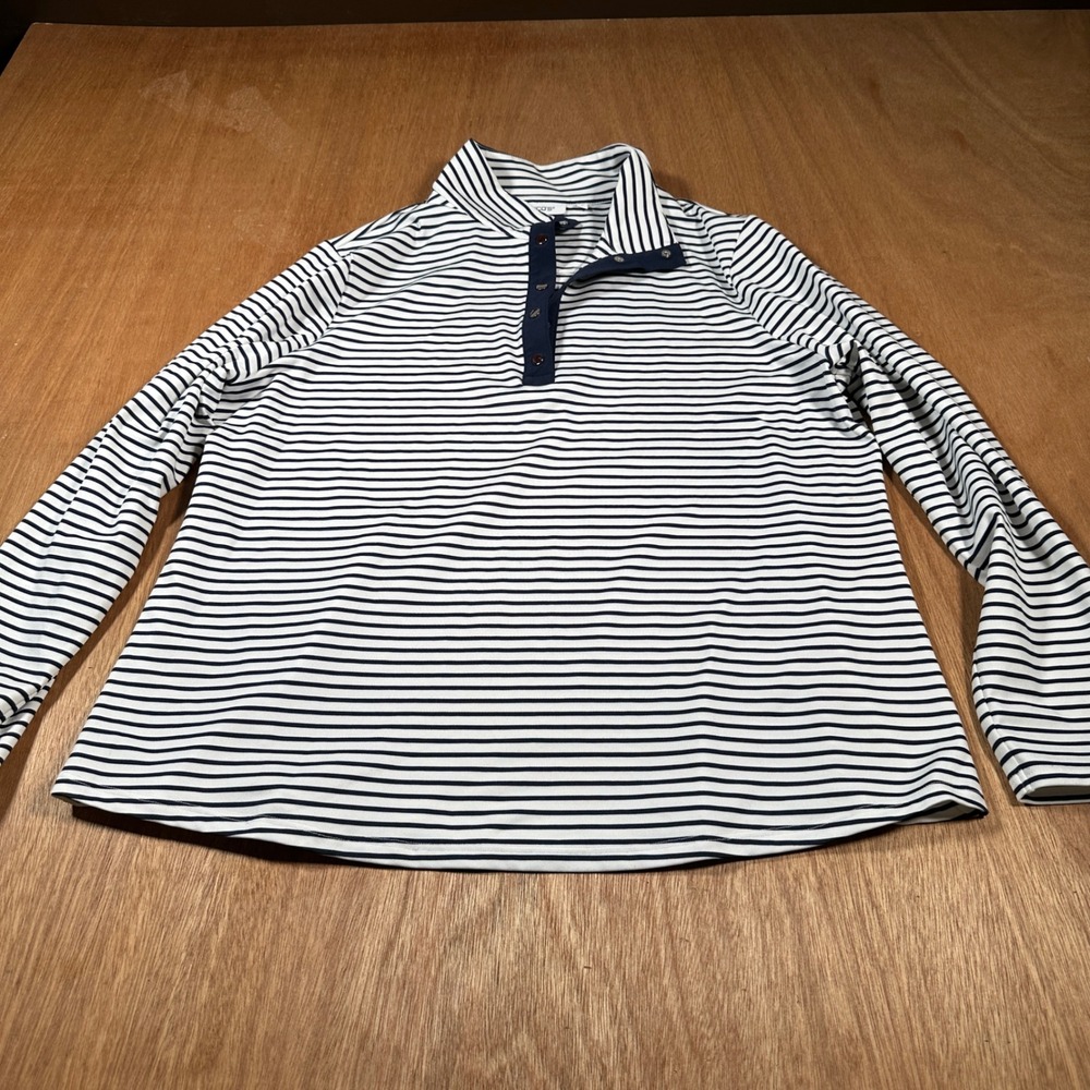 Chico's Striped Snap Neck Top Women Size 2(L) Navy White Long Sleeve Pullover